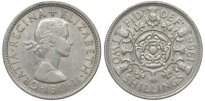Великобритания 2 шиллинга (флорин) 1966 Елизавета II (1952-2022) KM 906, Spink 4146 медно-никель 51-2737