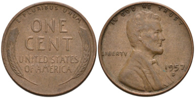 США 1 цент 1957 D, Линкольн KM А132 медь цинк 4564-311