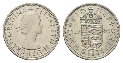 Великобритания 1 шиллинг 1963 Елизавета II (1952-2022), Английский герб KM 904, Spink 4147 медно-никель UNC 4121-843