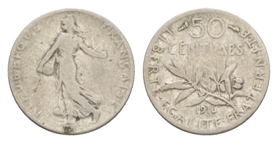 Франция 50 сантимов 1916 KM 854 серебро 4630-426