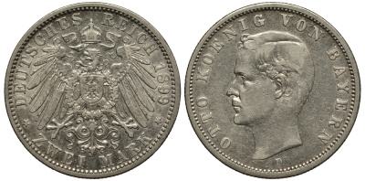 Бавария 2 марки 1899 D, Отто (1886-1913) Weege 44, J. 45, KM 511 серебро 413-5814
