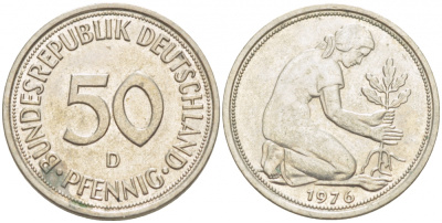 ФРГ 50 пфеннигов 1976 D KM 109.2, J 384a медно-никель 3996-1266