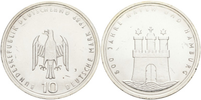 ФРГ 10 марок 1989 J, 800 лет порту Гамбурга J. 448, KM 171 серебро UNC 4558-322
