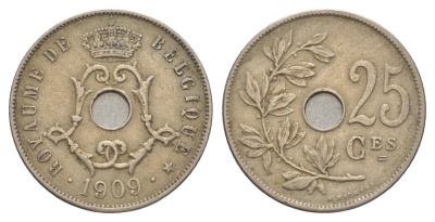 Бельгия 25 сантимов 1909 Belgique, Леопольд I (1865-1909) KM 62 медно-никель 4156-435