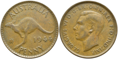 АВСТРАЛИЯ 1 ПЕННИ 1944 p, ГЕОРГ VI (1936-1952), КЕНГУРУ KM 36 бронза 4394-343