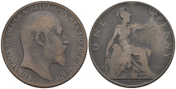 Великобритания 1 пенни 1903 Эдуард VII (1901-1910) KM 794.2, Spink 3990 бронза 4607-1014