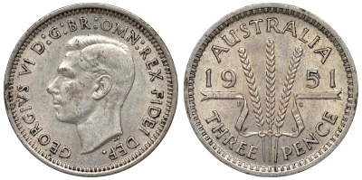 Австралия 3 пенса 1951 PL, Георг VI (1937-1952) KM 44 серебро 71-152