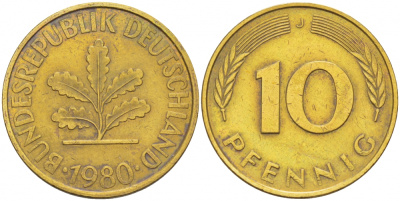 ФРГ 10 ПФЕННИГОВ 1980 J KM 108, J.383 сталь плакированная латунью 3718-822