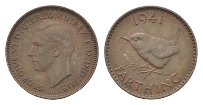 Великобритания 1 фартинг 1941 Георг VI (1936-1952) KM 843, Spink 4116 бронза 4664-335
