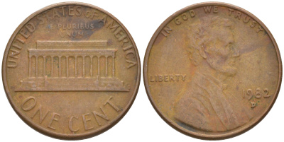 США 1 ЦЕНТ 1982 D, ЛИНКОЛЬН KM 201 медь цинк 188-223