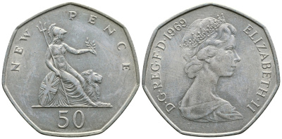 Великобритания 50 пенсов 1969 Елизавета II (1952-2022) KM 913, Spink 4223 (H1) медно-никель 4364-4214