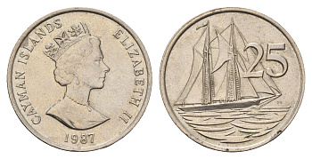 Каймановы острова 25 центов 1987 KM 90 медно-никель aUNC 4688-1021