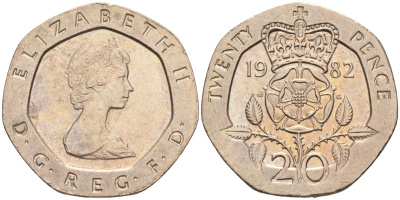 Великобритания 20 пенсов 1982 Елизавета II (1952-2022) KM 931, Spink 4230 (G1) медно-никель 4116-921