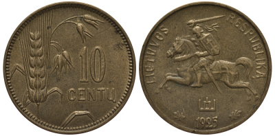 ЛИТВА 10 ЦЕНТОВ 1925 РЕСПУБЛИКА (1918-1940) KM 73 алюминиевая бронза 119-134