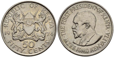 Кения 50 центов 1974 Джомо Кениата KM 13 медно-никель 4511-1127