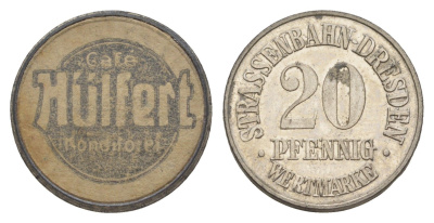 Дрезден трамвайный (транспортный) жетон в 20 пфеннигов ND H?lfert Men05 5719.1, Men18 7136.1 цинк и картон 1527-443