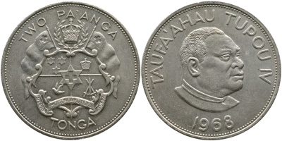 Тонга 2 паанга 1968 король Тауфа’ахау Тупоу IV KM 37 медно-никель  UNC 00-00