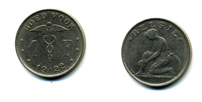 БЕЛЬГИЯ 1 ФРАНК 1922 BELGIE KM 90 никель 58-1232