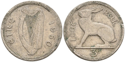 Ирландия 3 пенса 1942 заяц KM 12a медно-никель 4174-312