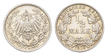 Германия 1/2 марки 1916 A KM 14, J. 17 серебро aUNC 1529-1412