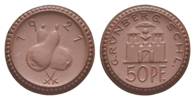Грюнберг 50 пфеннигов 1921 Men05 9888.2, Men18 12320.2, Scheuch 137a фарфор 1094-10-22
