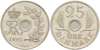 ДАНИЯ 25 ЭРЕ 1970 С; S, ФРЕДЕРИК IX (1947-1972) KM 855.1 медно-никель 94-457