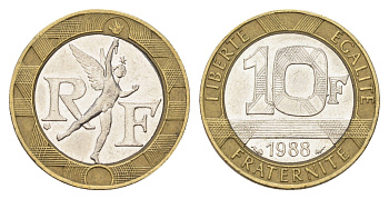 Франция 10 франков 1988 тип Гений Бастилии KM 964.1, Le Frank 375.2 биметалл 4704-456
