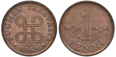 ФИНЛЯНДИЯ 1 ПЕННИ 1969 KM 69 медь 3334-1032