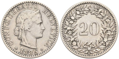 ШВЕЙЦАРИЯ 20 РАППЕНОВ 1885 В KM 29 никель 55-557