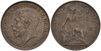 Великобритания 1 фартинг 1924 Георг V (1910-1936), светлая отделка KM 808.2, Spink 4060 бронза 4596-952