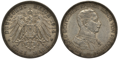 Пруссия 3 марки 1914 Вильгельм II (1888-1918) в мундире KM 538, J.113 серебро 3711-624