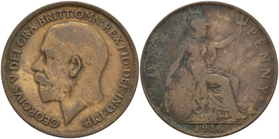 Великобритания 1 пенни 1916 Георг V (1910-1936) KM 810, Spink 4051 бронза 4144-815