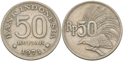Индонезия 50 рупий 1971 райская птица KM 35 медно-никель 4364-2835