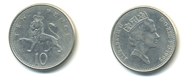 Великобритания 10 пенсов 1992 Елизавета II (1952-2022) KM 938b, Spink 4367 (F4) медно-никель 59-512