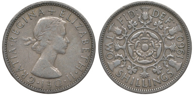 Великобритания 2 шиллинга (флорин) 1960 Елизавета II (1952-2022) KM 906, Spink 4146 медно-никель 4131-541