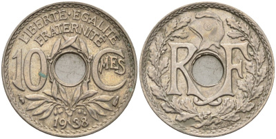 Франция 10 сантимов 1938 KM 866a, Le Franc 138.3 медно-никель 4143-1046