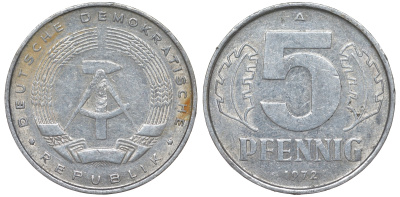 ГДР 5 пфеннигов 1972 A KM 9.1 алюминий 62-252