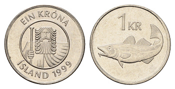 Исландия 1 крона 1999 треска KM 27a сталь плакированная никелем UNC 4687-849