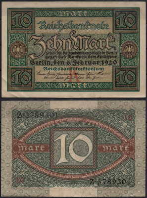 Германия 10 марок 1920 Pick 67a бумага 8602-24-3-2