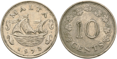 Мальта 10 центов 1972 баржа Великого магистра KM 11 медно-никель 4137-834