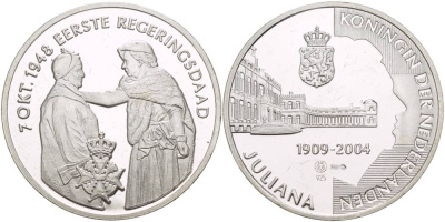 НИДЕРЛАНДЫ МЕДАЛЬ ND СЕРИЯ ЮЛИАНА КОРОЛЕВА НИДЕРЛАНДОВ (1909-2004), 7 ОКТЯБРЯ 1948 СМЕНА ПРАВИТЕЛЬСТВА, ДИАМЕТР 39 ММ., ВЕС 25 ГР., ПРОБА 925 серебро PROOF 1088-5-33