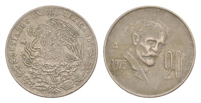 Мексика 20 сентаво 1975 Франциско Индалеси KM 442 медно-никель 4649-856