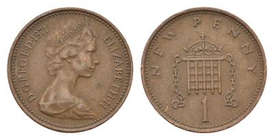 Великобритания 1 пенни 1971 Елизавета II (1952-2022) KM 915, Spink 4237 (B1) бронза 4697-927