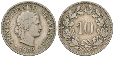 Швейцария 10 раппенов 1883 B KM 27 медно-никель 4164-247