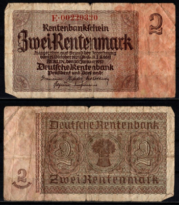 Германия 2 рентенмарки 1937 Pick 174 b(2) бумага 7203-65-1-2