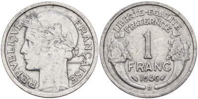 Франция 1 франк 1946 В, тип Морлон KM 885а.2 алюминий    4153-426