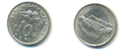 Малайзия 10 сенов 1991 цветок KM 51 медно-никель 176-761