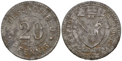 Эммендинген (Баден) 20 пфеннингов 1914 Funck 117.3, Men18 8194.3 железо 1515-214