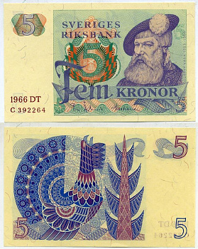 Швеция 5 крон 1966 DT, Густав I Ваза Pick 51a бумага aUNC 2192-6-2