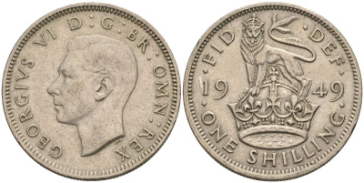 Великобритания 1 шиллинг 1949 Георг VI (1936-1952), Английский шиллинг KM 863, Spink 4103 медно-никель 4153-854